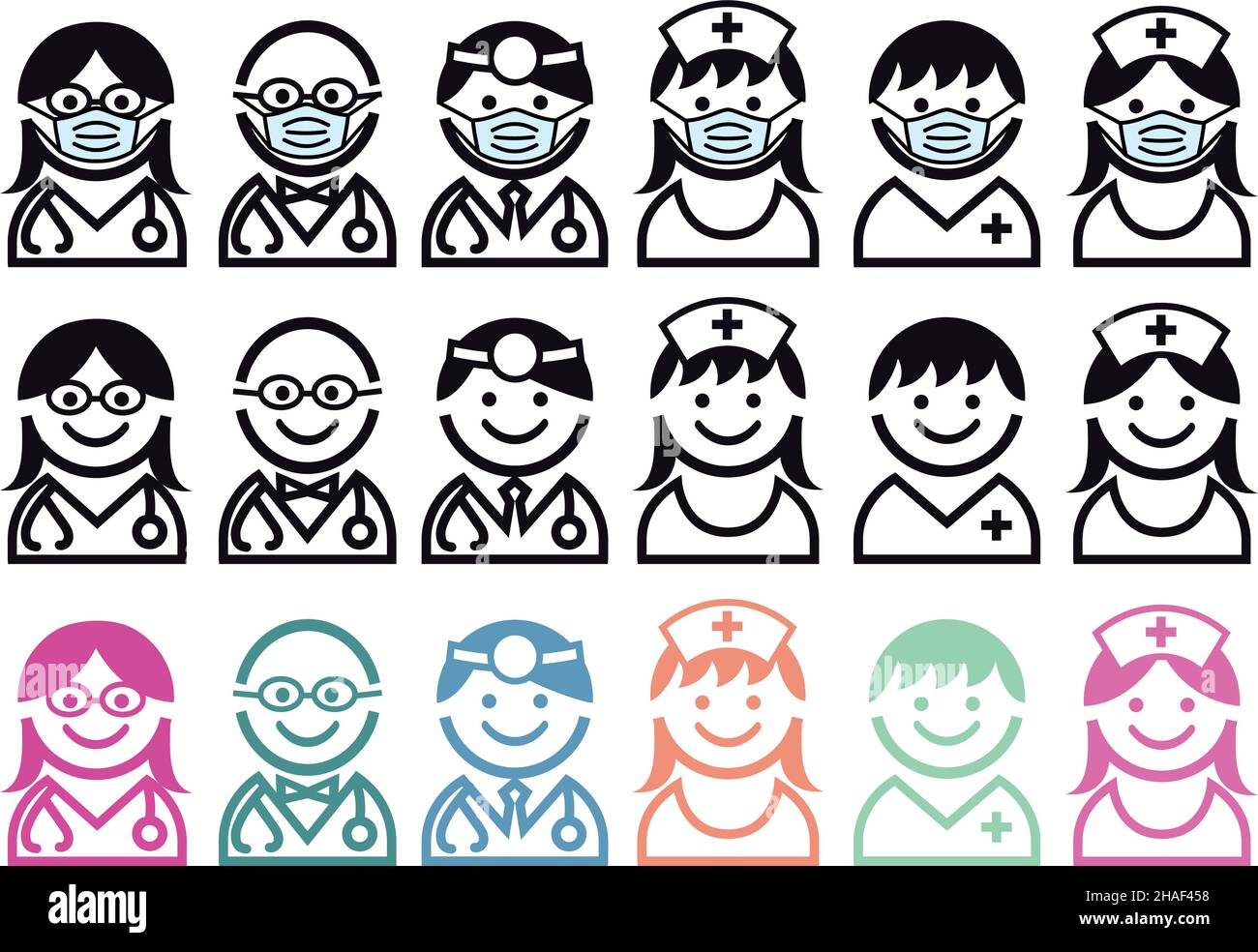 Arzt, Krankenschwester, Gesundheitsfachkraft, Wissenschaftler Symbole, medizinisch, Gesundheitsavatare mit Covid-19 Gesichtsmaske, Vektorset Stock Vektor