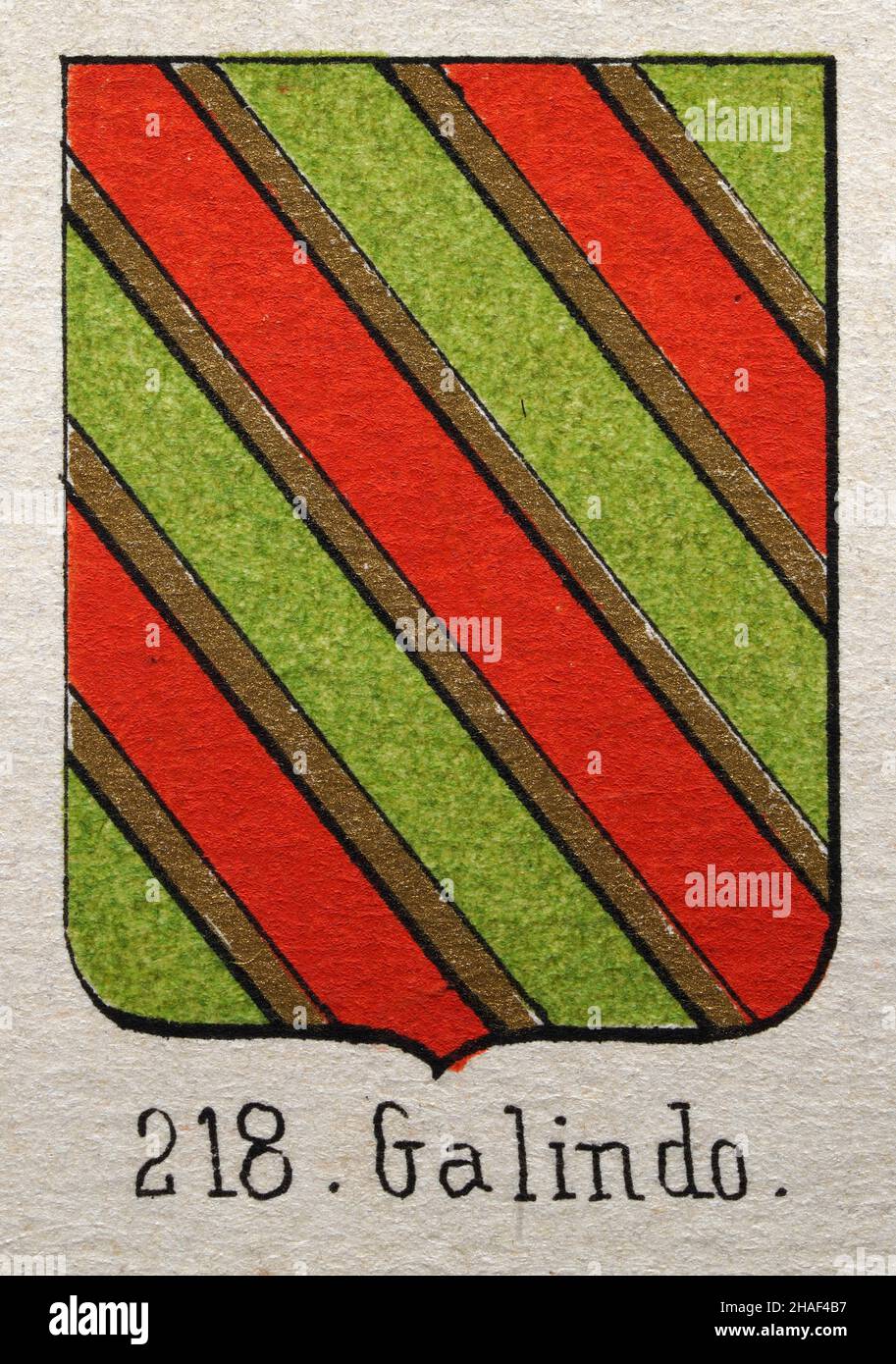 Galindo Heraldik, Illustration eines Wappens, Grüne rote Goldstreifen, heraldische Symbole Stockfoto