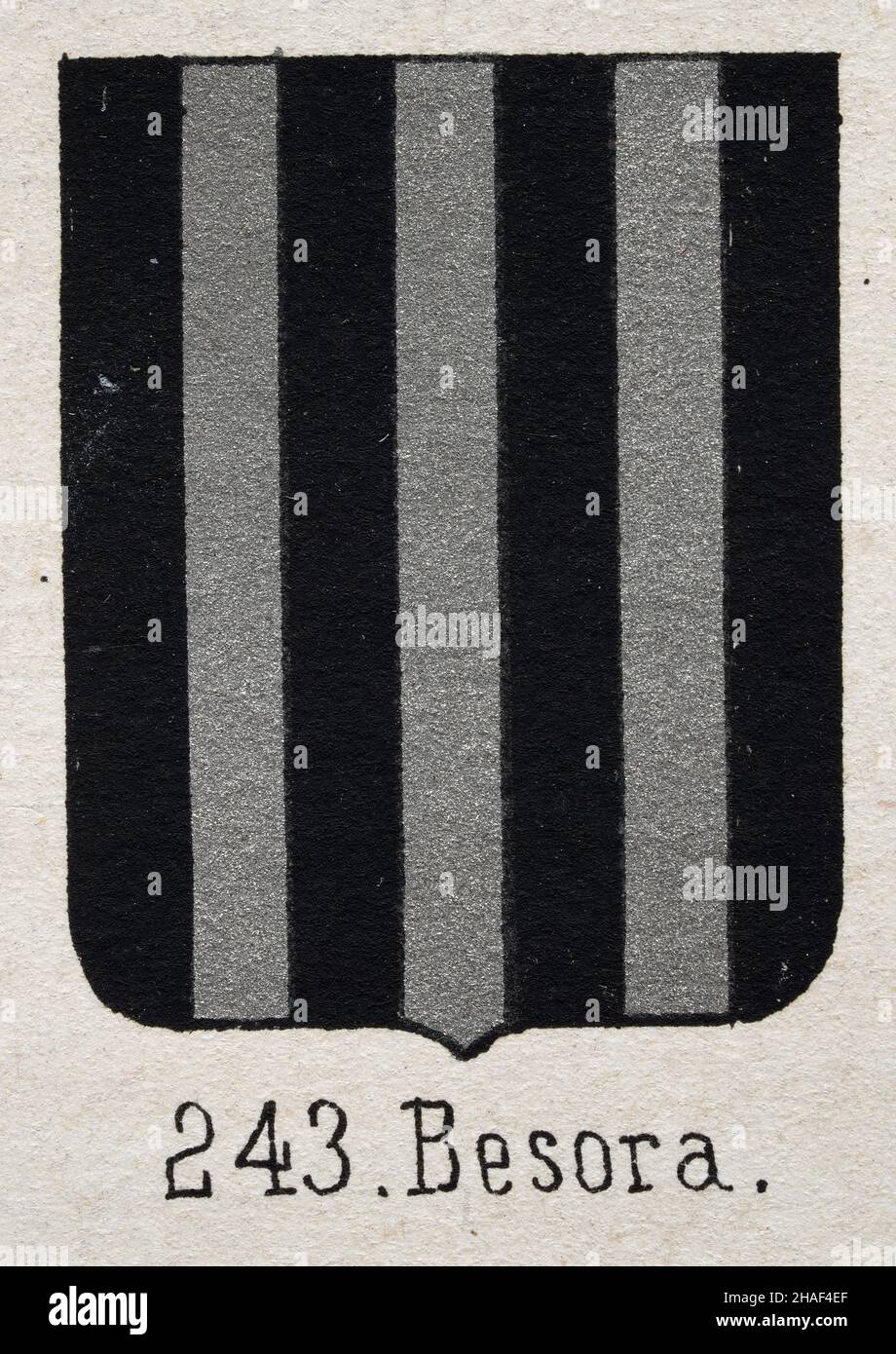 Besora Heraldik, Illustration eines Wappens, schwarze und silberne Streifen, heraldische Schildsymbole Stockfoto