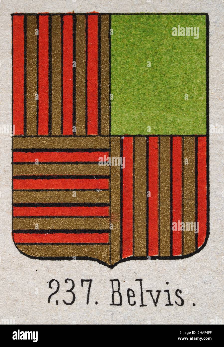 Belvis Heraldik, Illustration eines Wappens, rotes und goldenes Streifenmuster, heraldische Schildsymbole Stockfoto