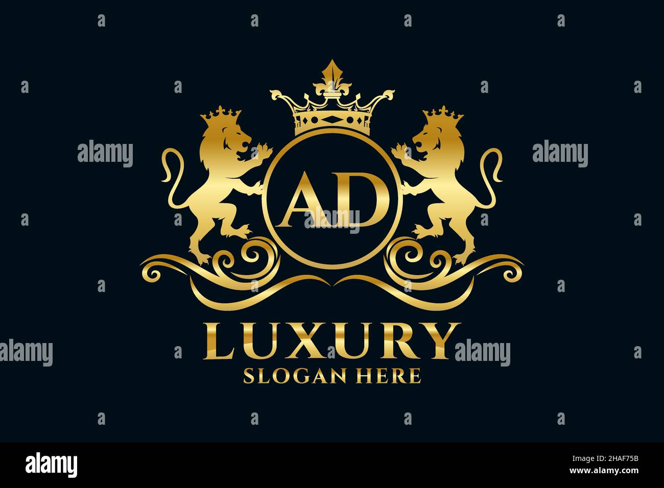 AD Letter Lion Royal Luxury Logo-Vorlage in Vektorgrafik für luxuriöse Branding-Projekte und andere Vektorgrafik. Stock Vektor