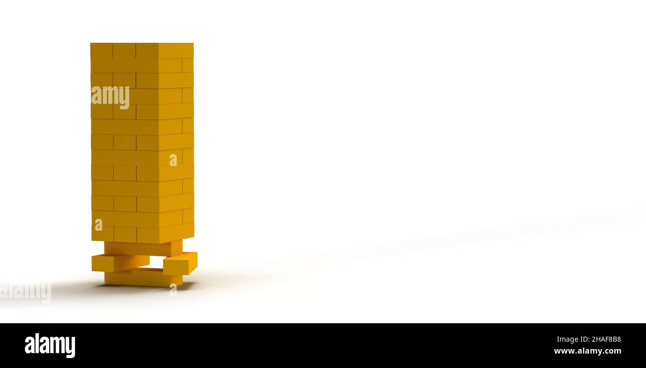 3D gerenderte Holzziegel stapelten sich übereinander. Berühmte Block Entfernung Spiel. Auf und ab. Gruppe von illustrierten blockförmigen Objekten aus Holz. Stockfoto
