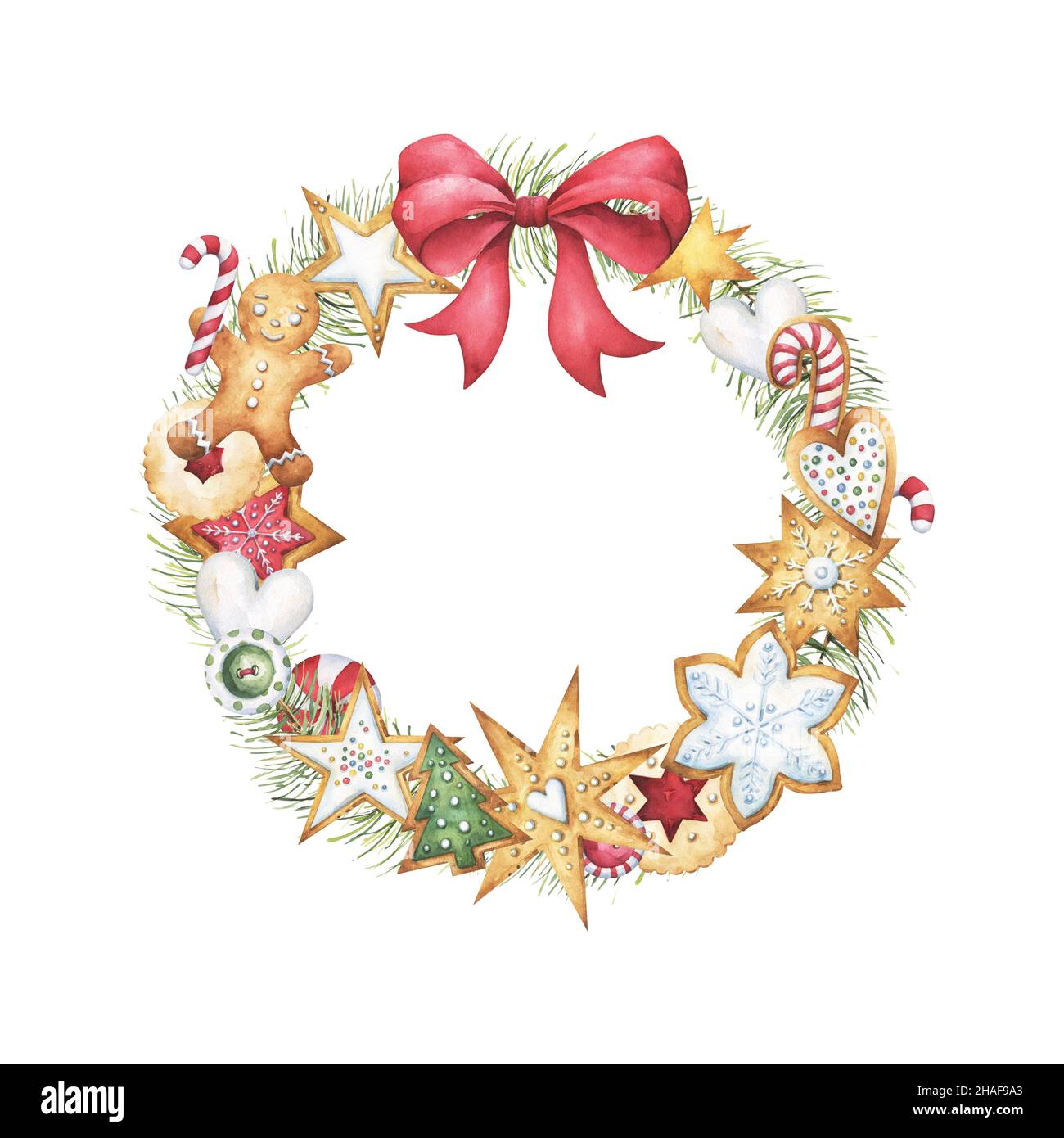 Festliche Jahreszeit Winter-, Weihnachts- und Neujahrsfest-Motto-Kranz mit wasserfarbenen Lebkuchen, süßen Leckereien, Kiefernzweigen und rotem Dekor Stockfoto