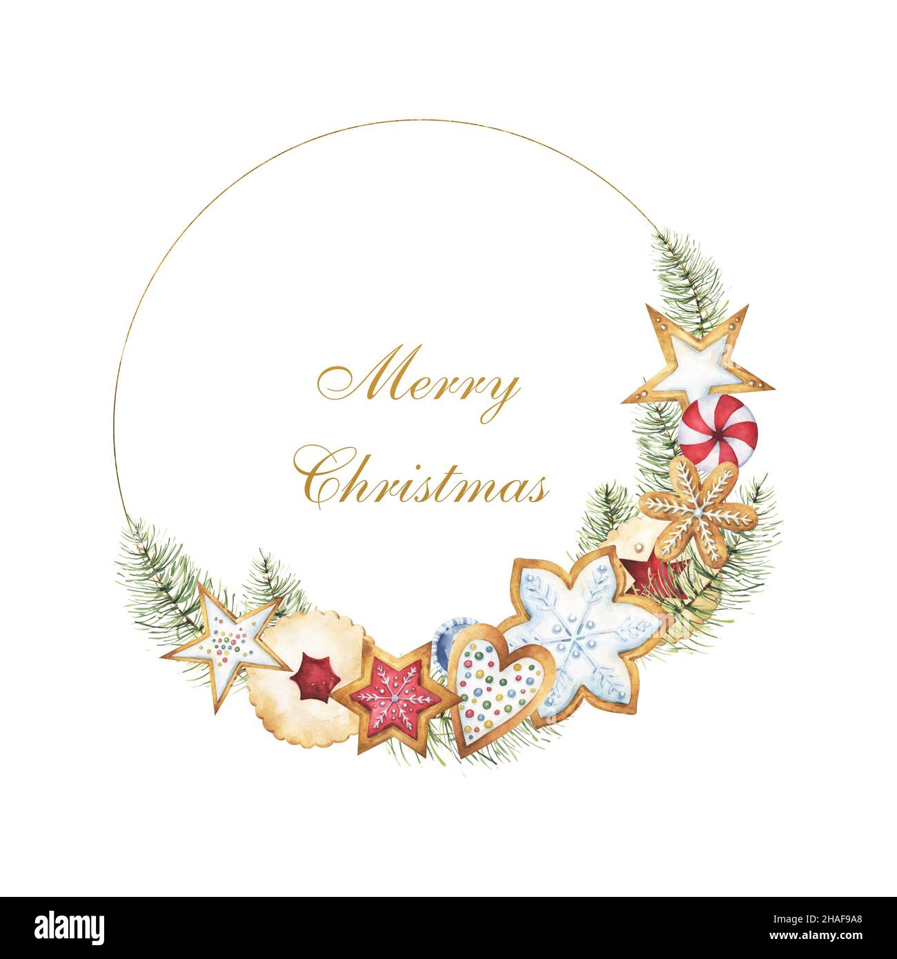 Frohe Weihnachten Weihnachtszeit goldenen Kranz mit Aquarell Cliparts inklusive Stern, Herz und Schneeflocken geformten Lebkuchen und süßen Leckereien Stockfoto