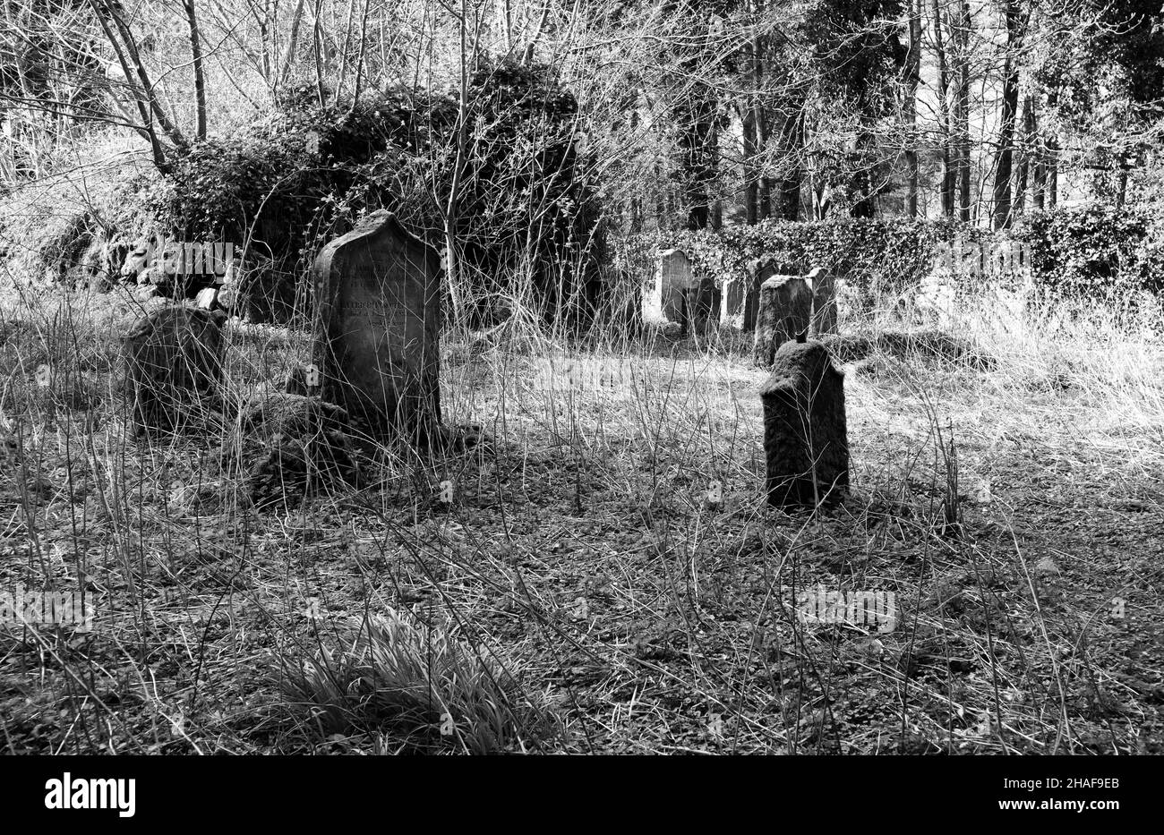 Alte moosige Gräber auf einem verlassenen Friedhof in schwarz-weiß Stockfoto