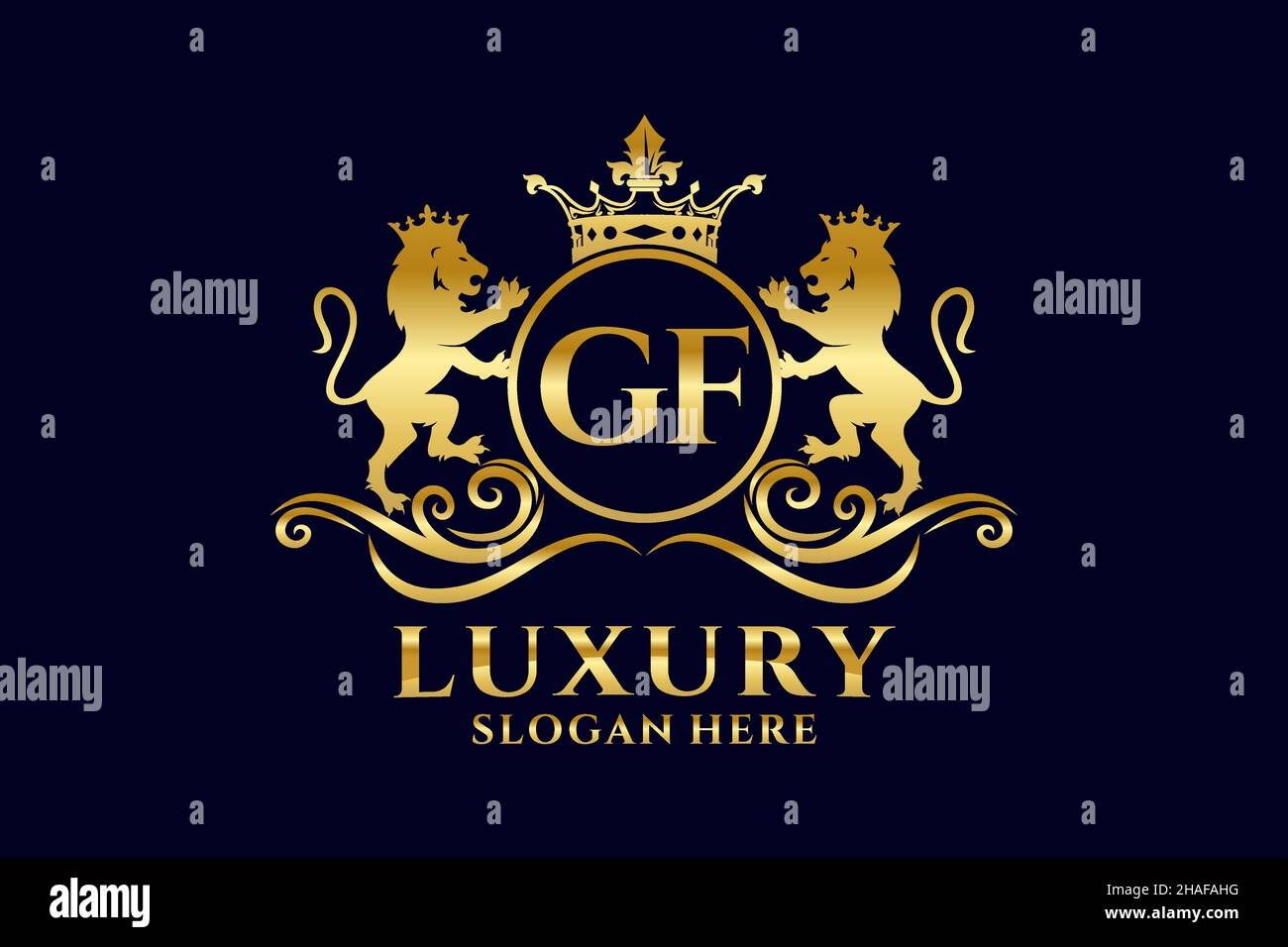 GF Letter Lion Royal Luxury Logo-Vorlage in Vektorgrafik für luxuriöse Branding-Projekte und andere Vektorgrafik. Stock Vektor