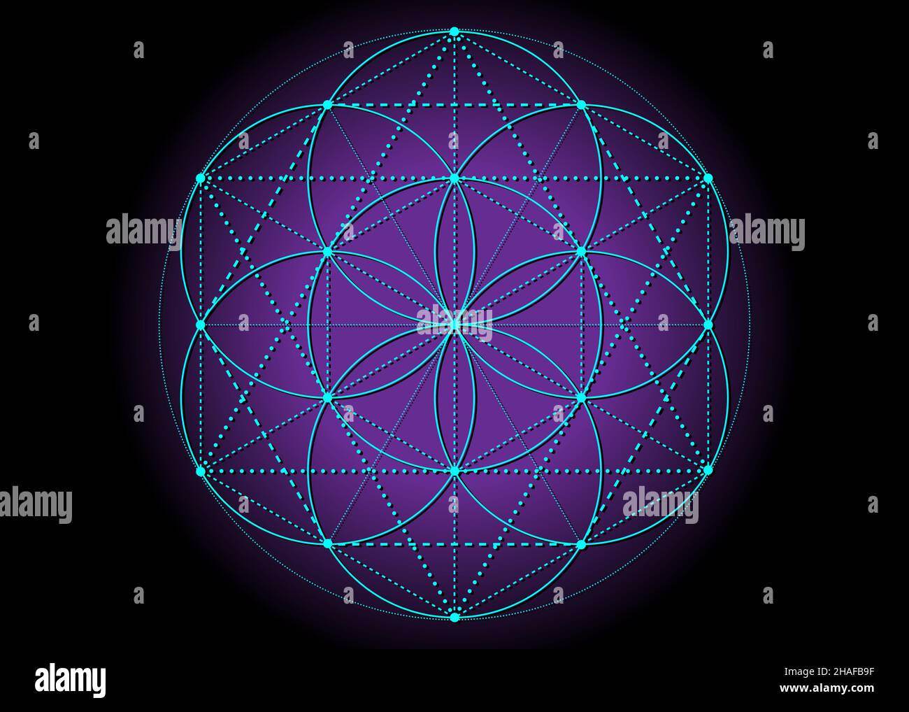 Blume des Lebens, Samen des Lebens Symbol Heilige Geometrie, mystisches Mandala der Alchemie esoterisches Zeichen. Vector blau Neon helle Farbe Effekt isoliert auf lila Stock Vektor