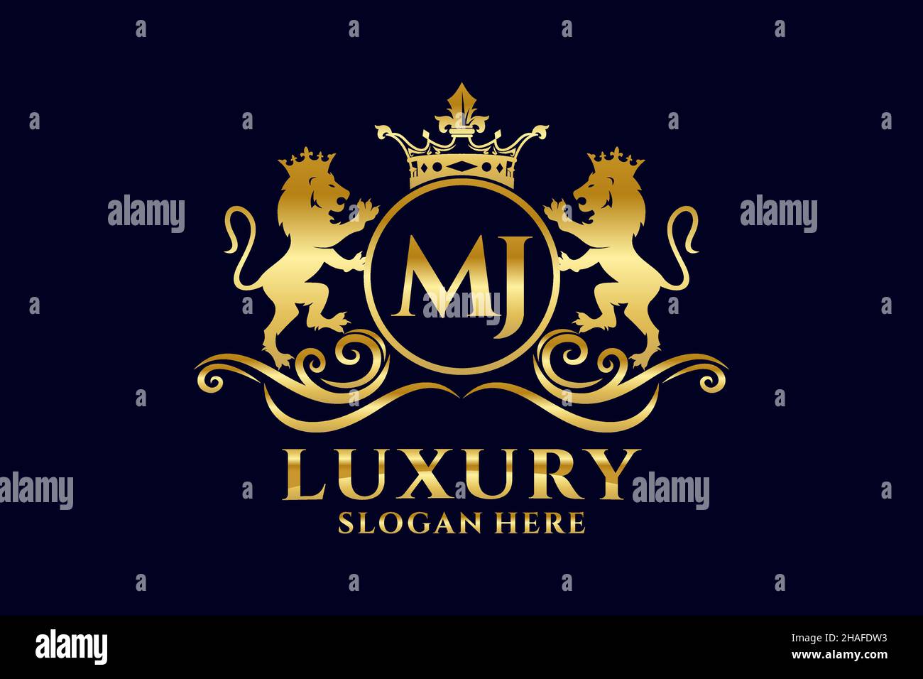 MJ Letter Lion Royal Luxury Logo-Vorlage in Vektorgrafik für luxuriöse Branding-Projekte und andere Vektorgrafik. Stock Vektor