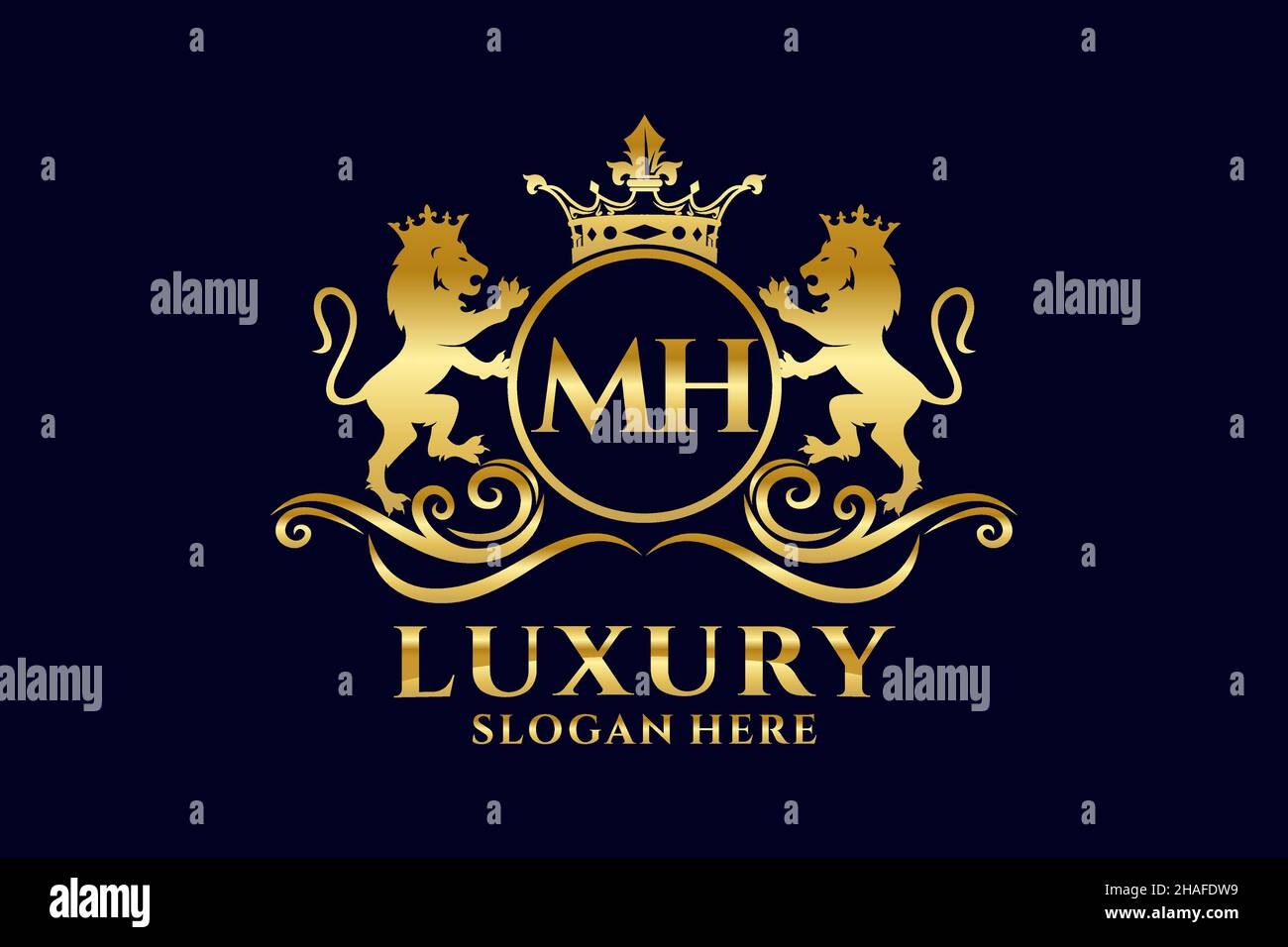 MH Letter Lion Royal Luxury Logo-Vorlage in Vektorgrafik für luxuriöse Branding-Projekte und andere Vektorgrafik. Stock Vektor