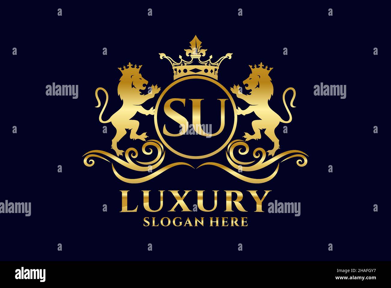 SU Letter Lion Royal Luxury Logo-Vorlage in Vektorgrafik für luxuriöse Branding-Projekte und andere Vektorgrafik. Stock Vektor