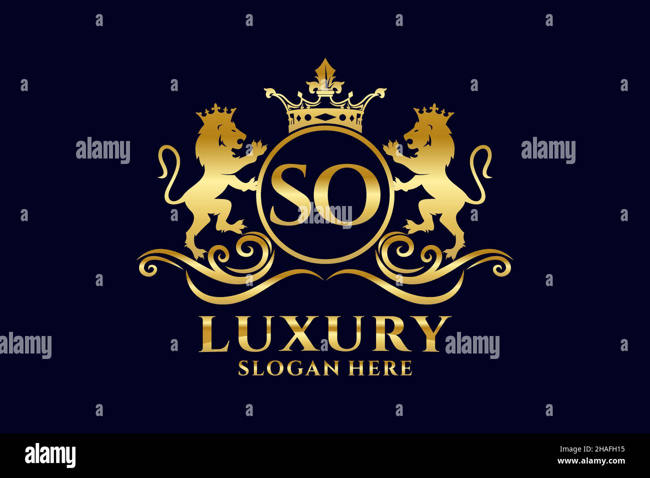 SO Letter Lion Royal Luxury Logo-Vorlage in Vektorgrafik für luxuriöse Branding-Projekte und andere Vektorgrafik. Stock Vektor