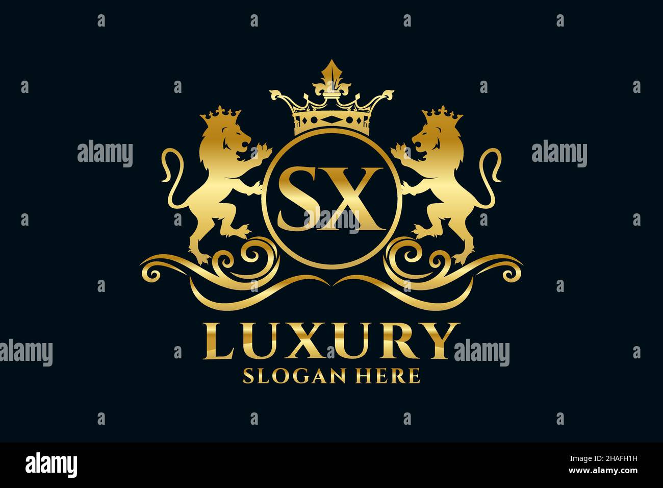 SX Letter Lion Royal Luxury Logo-Vorlage in Vektorgrafik für luxuriöse Branding-Projekte und andere Vektorgrafik. Stock Vektor