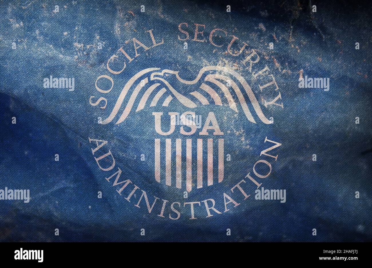Minsk, Weißrussland - Mai, 2021: Draufsicht der Flagge der US-Sozialversicherungsbehörde, kein Fahnenmast. Ebenendesign, Layout. Hintergrund markieren. Stockfoto Minsk, Weißrussland - Mai, 2021: Draufsicht der Flagge der US-Sozialversicherungsbehörde, kein Fahnenmast. Ebenendesign, Layout. Hintergrund markieren. Stockfoto