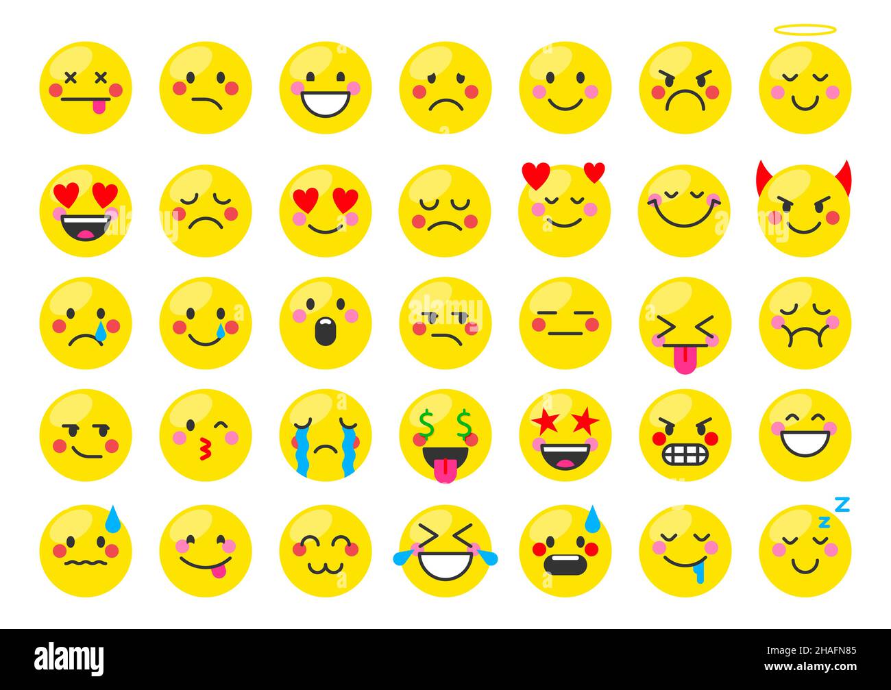 Emoji Face Emoticon Mood Web Badge gelbes flaches Set. Fröhliche und traurige Emotionen der Messenger-Website des sozialen Netzwerks. Ausdruck von Traurigkeit Freude Wut Liebe niedlich runde Form Chat Aufkleber auf weiß isoliert Stock Vektor