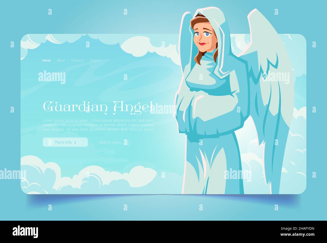 Schutzengel-Banner mit dem heiligen Erzengel mit Flügeln im Himmel. Vektor Landing Page des heiligen Schutzes mit Cartoon-Illustration der Frau Engel Charakter auf dem Hintergrund des Himmels mit Wolken Stock Vektor