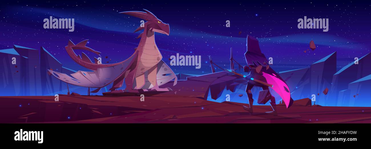 Märchenhafter Drache und Ritter mit magischem Speer auf dem Berg mit hängender Seilbrücke über den Abgrund. Vektor Cartoon Fantasy Illustration von mittelalterlichen Krieger oder Zauberer kämpft gruselige Tier mit Flügeln in der Nacht Stock Vektor