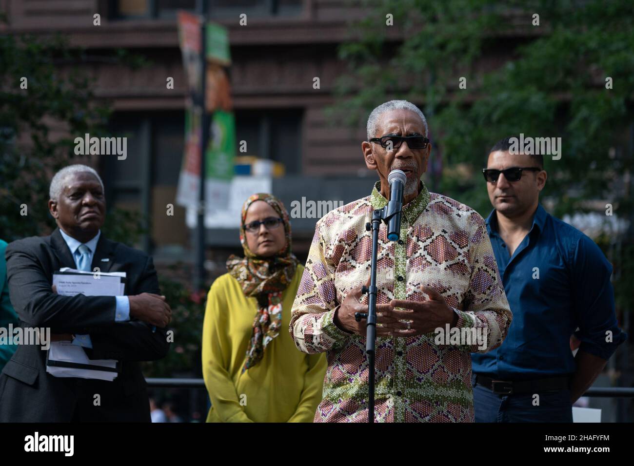 Der Repräsentant Bobby Rush spricht auf einer Pressekonferenz, die am 28. August 2019 auf dem Federal Plaza in Chicago, IL, stattfand. Stockfoto