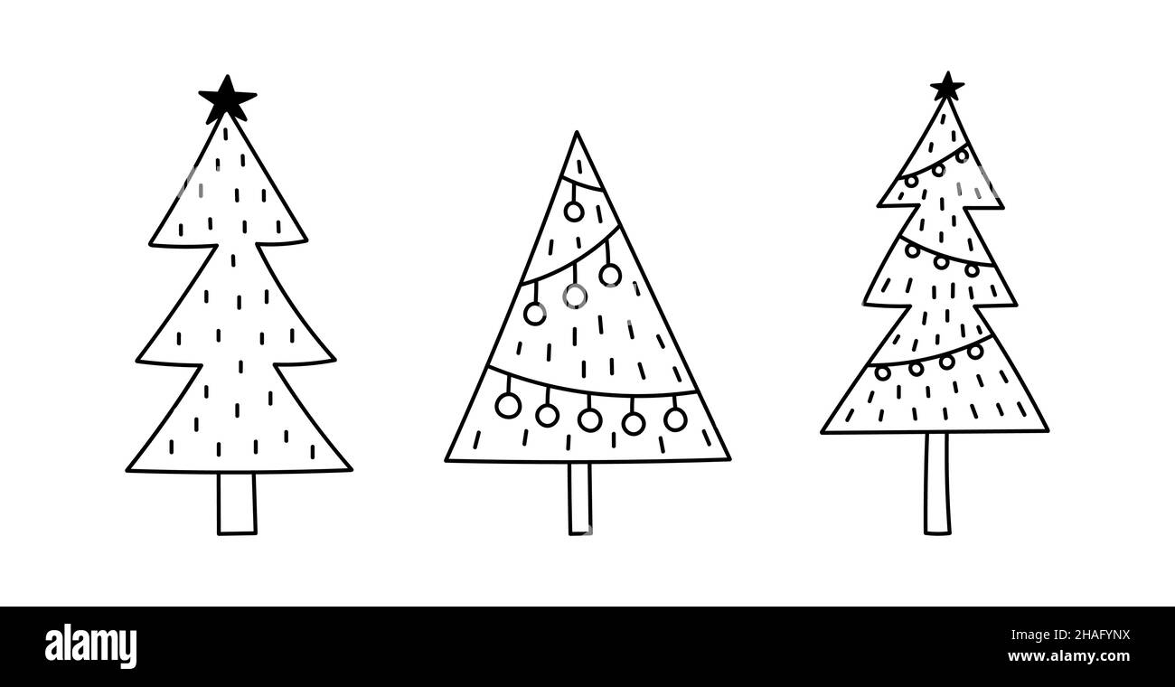 Set von niedlichen verzierten Weihnachtsbäumen isoliert auf weißem Hintergrund. Vektor-handgezeichnete Illustration im Doodle-Stil. Perfekt für Urlaubsdesigns, Karten Stock Vektor