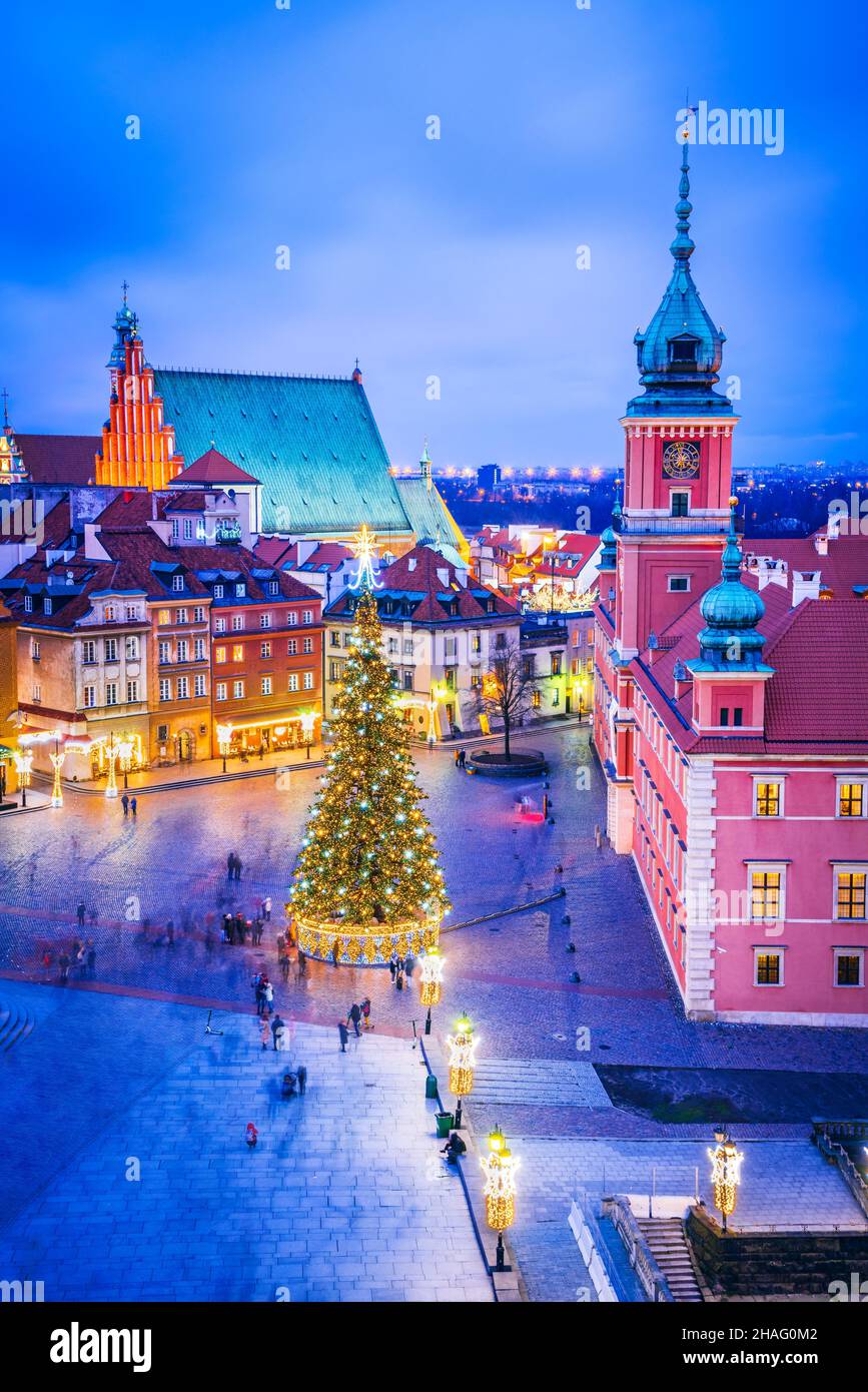 Warschau, Polen - Weihnachtsbaum in beleuchteten Schlossplatz, Winter polnischen Urlaub. Stockfoto