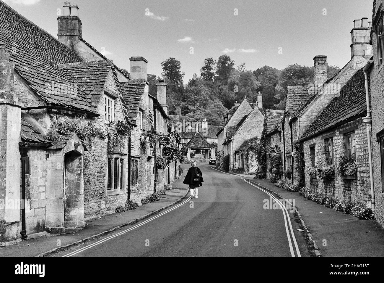 Castle Combe, britische Häuser s&W Stockfoto