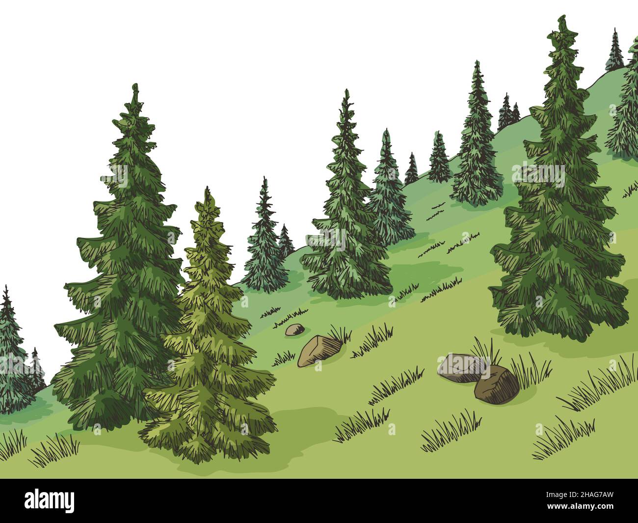 Mountain Forest Hill Grafik Farbe Landschaft Skizze Illustration Vektor Stock Vektor