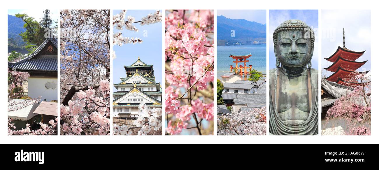 Set von vertikalen Fahnen mit Wahrzeichen von Japan. Burg Osaka, große Buddha-Statue, schwimmendes Torii-Tor und Goju-no-to-Pagode auf der Insel Miyajima. Sak Stockfoto