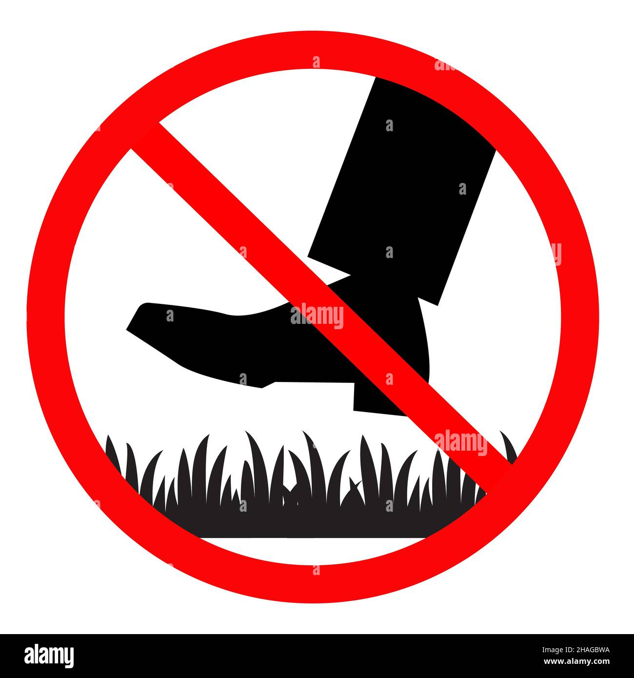 Bitte halten Sie das Gras-Symbol auf weißem Hintergrund. Verbotenes Betreten des Gartenschildes. Flacher Stil. Stockfoto