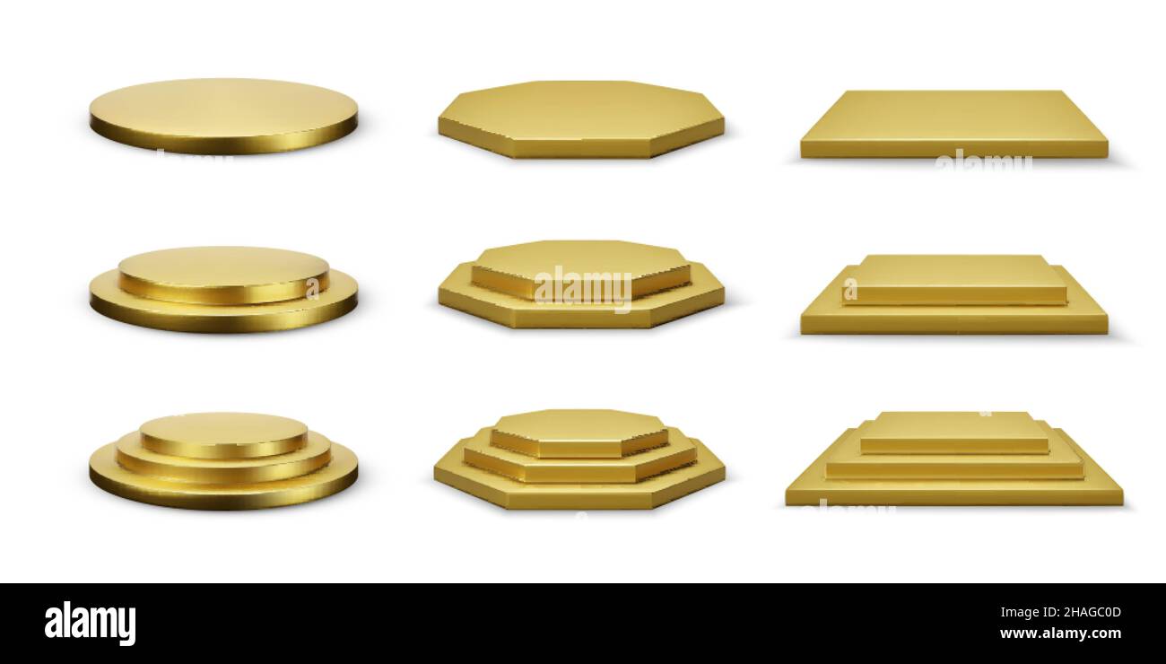 Runde sechseckige und quadratische Gold Bühnenkollektion isoliert auf weißem Hintergrund. Vektorgrafik Stock Vektor