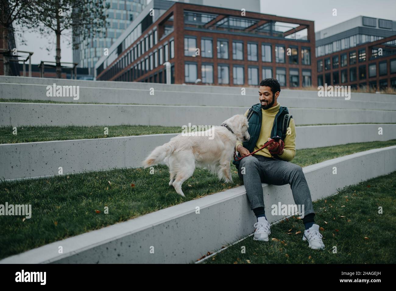 Glücklicher junger Mann, der mit seinem Hund draußen in der Stadt auf Gras sitzt. Stockfoto