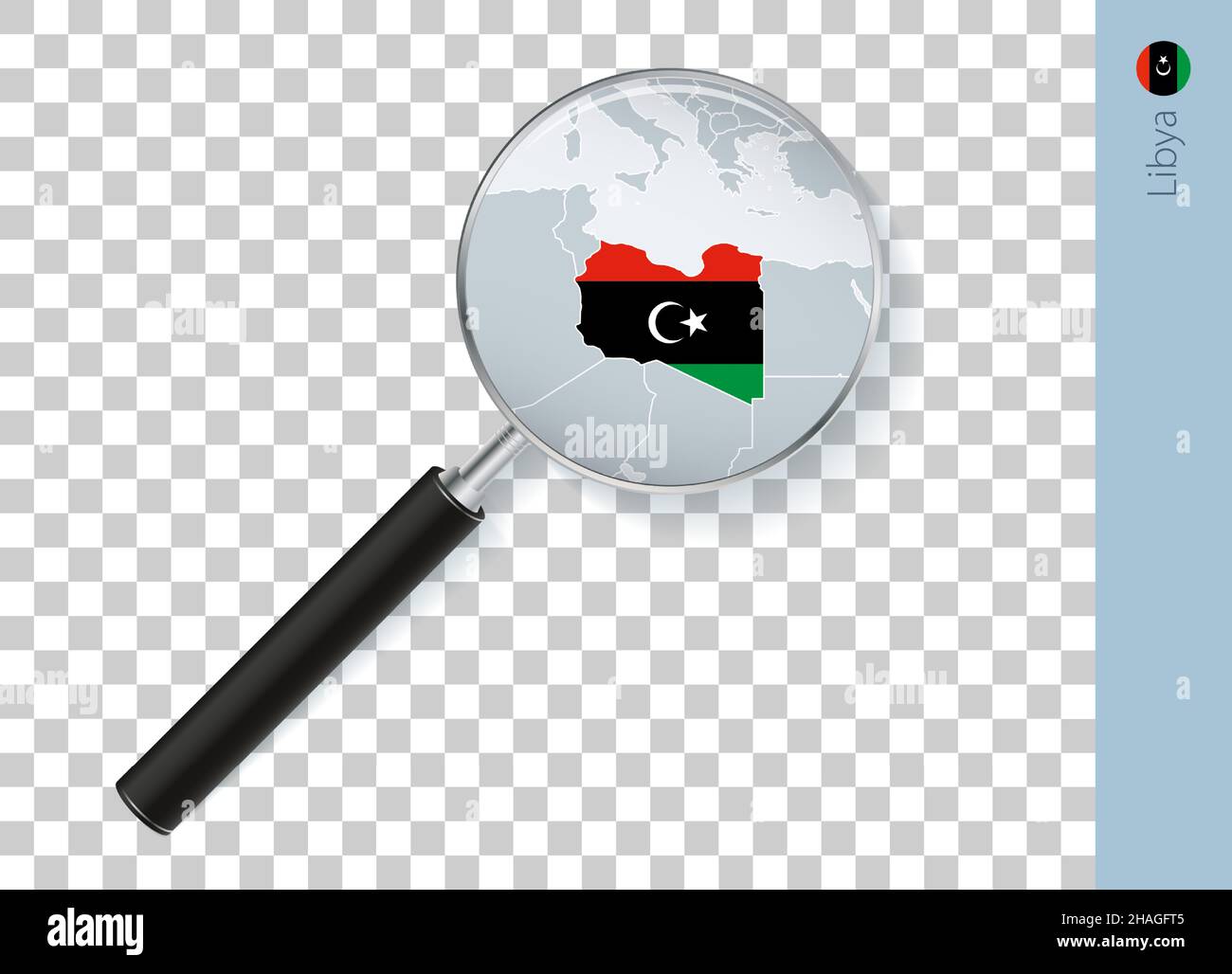 Libyen-Karte mit Flagge in Lupe auf transparentem Hintergrund. Vektorlupe mit Karte. Stock Vektor