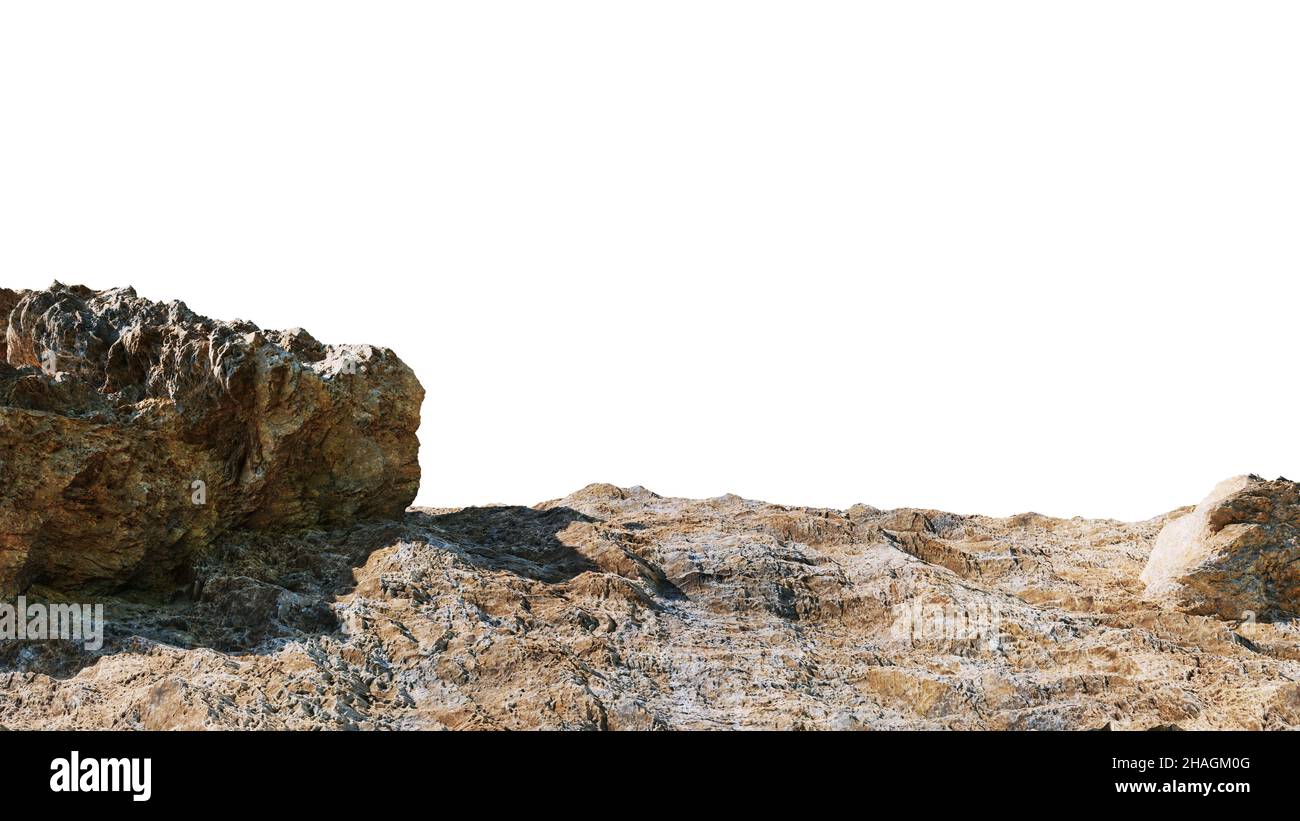Felsiger Boden mit Felsbrocken isoliert auf weißem Hintergrund, Rand des Berges Stockfoto