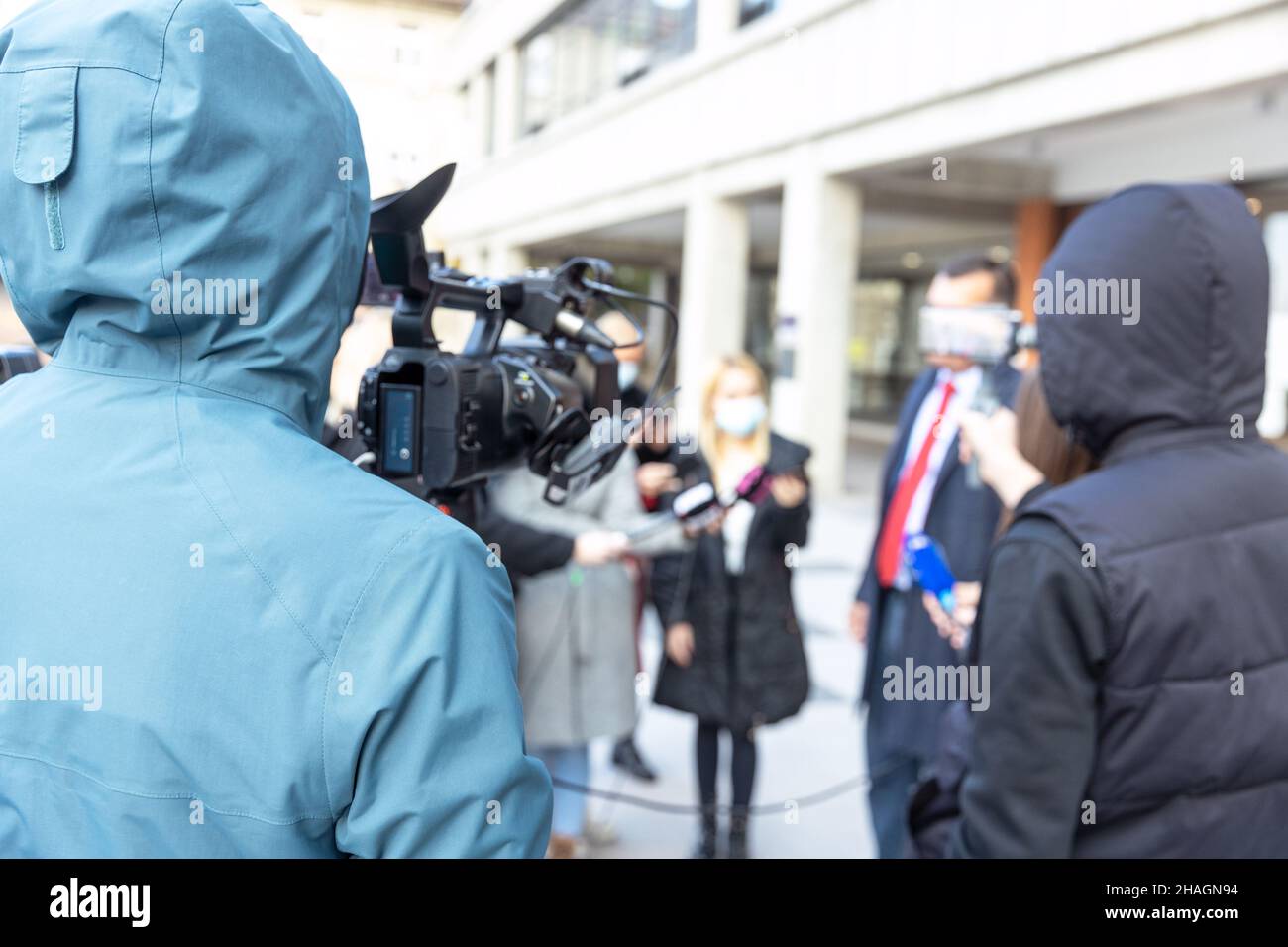 Medienereignis oder Pressekonferenz während der COVID-19-Pandemie des Coronavirus Stockfoto