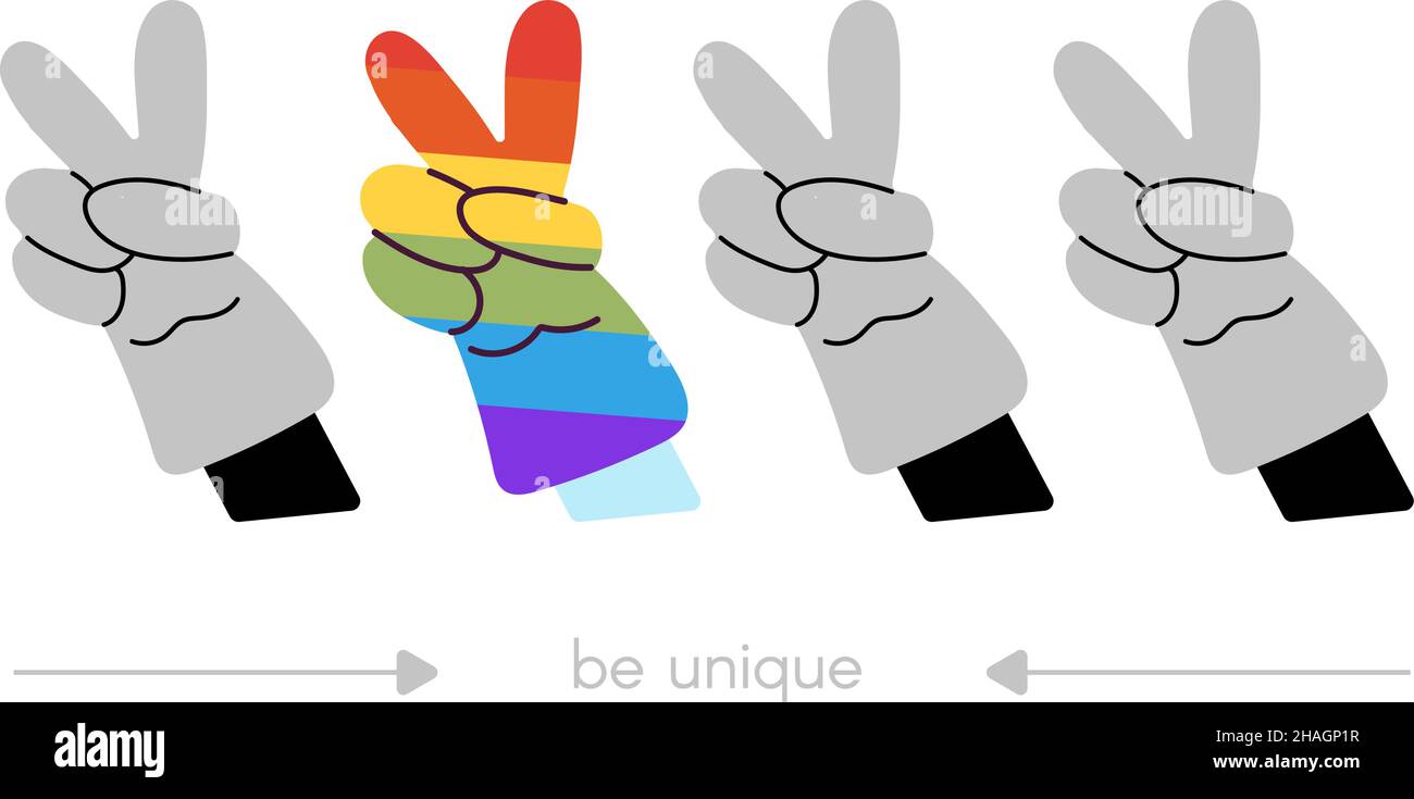 Seien Sie einzigartig. Positives Banner mit Händen. Frohe Grüße Zeichen, grau und Regenbogenfarben. Cooles Motivationsposter, kreative Menschen unterstützen Vektor Stock Vektor