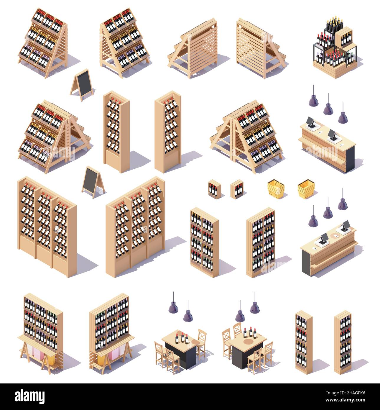 Vector isometrische Supermarkt oder Lebensmittelgeschäft Wein Abteilung Möbel und Ausrüstung. Weinflaschen auf Ausstellungsmöbeln, Regalen und Gondeln Stock Vektor