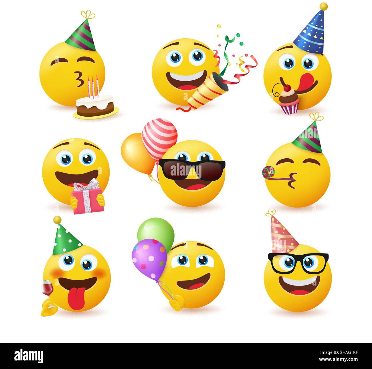 Smileys Geburtstag Vektor gesetzt. Smiley Emojis in Partei feiert Charaktere mit Geschenk 