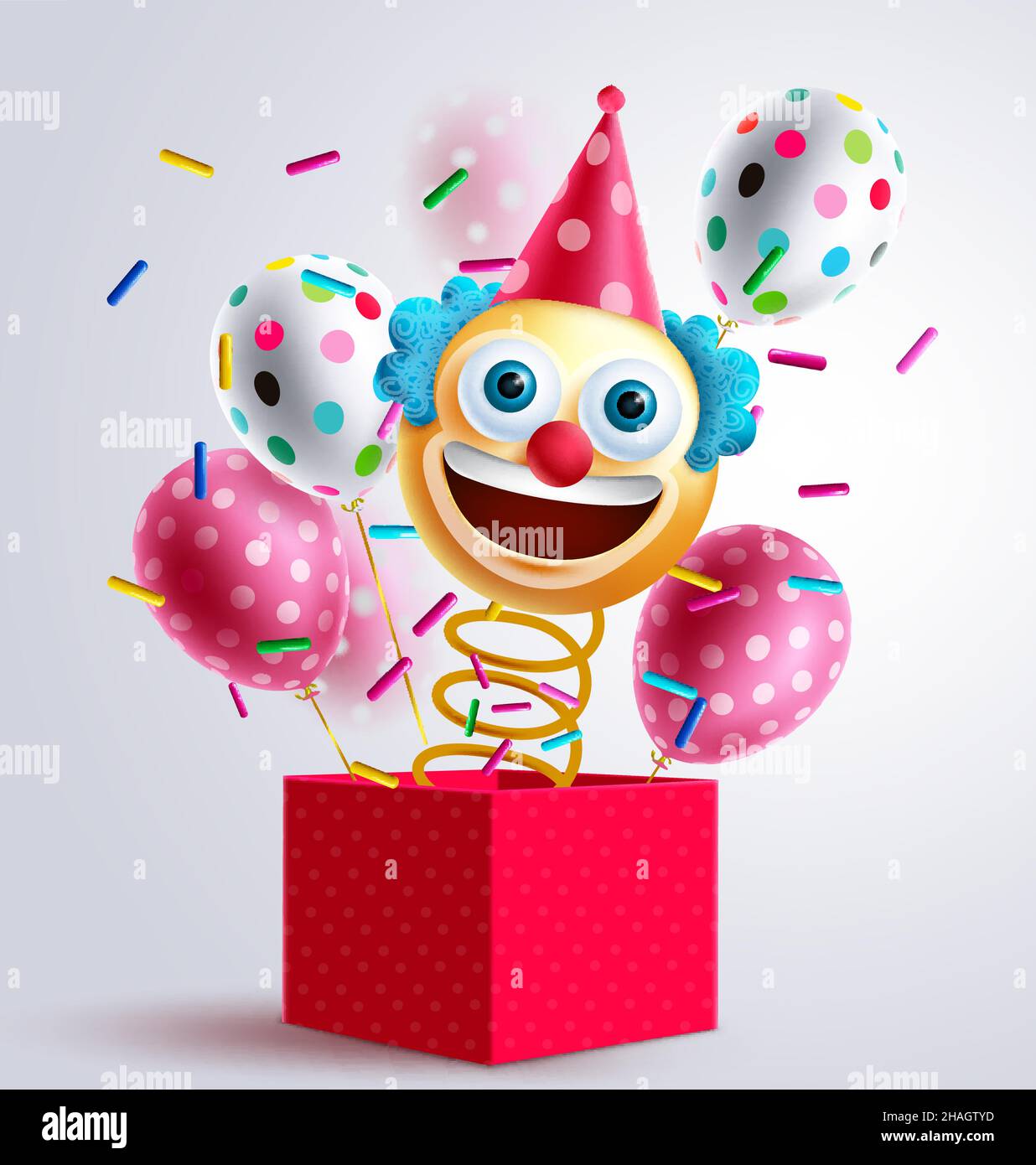 Jack in der Box Geburtstag Vektor-Design. Smiley Clown Spielzeug in der Box mit Luftballons Muster und Frühling Überraschung Elemente für den Geburtstag Emoji Geschenk. Stock Vektor