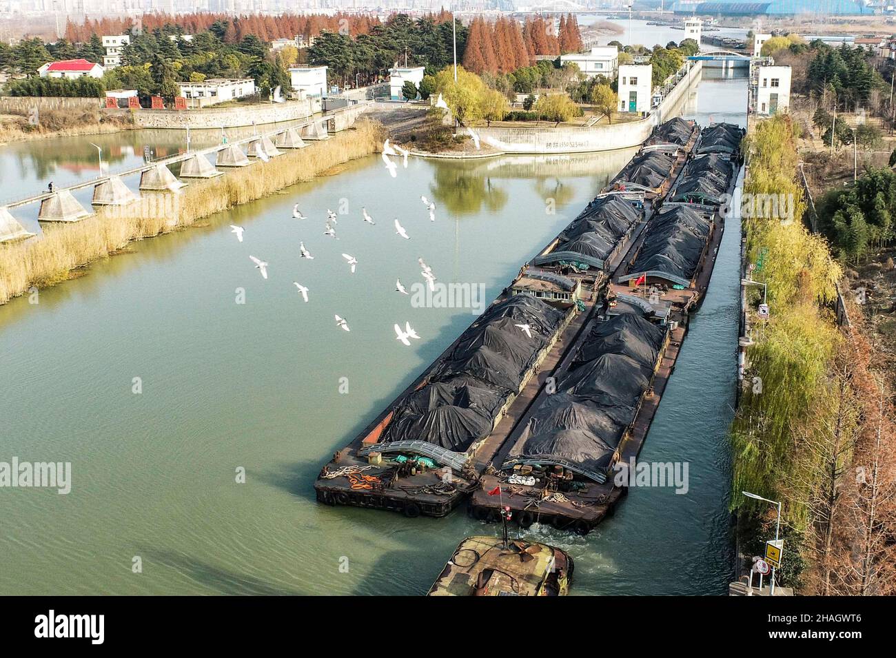 HUAIAN, CHINA - 13. DEZEMBER 2021 - Eine Flotte von Schiffen, die Kohle transportieren, durchquert die Huaiyin-Schleuse des Peking-Hangzhou Grand Canal in Huaian, Jian Stockfoto