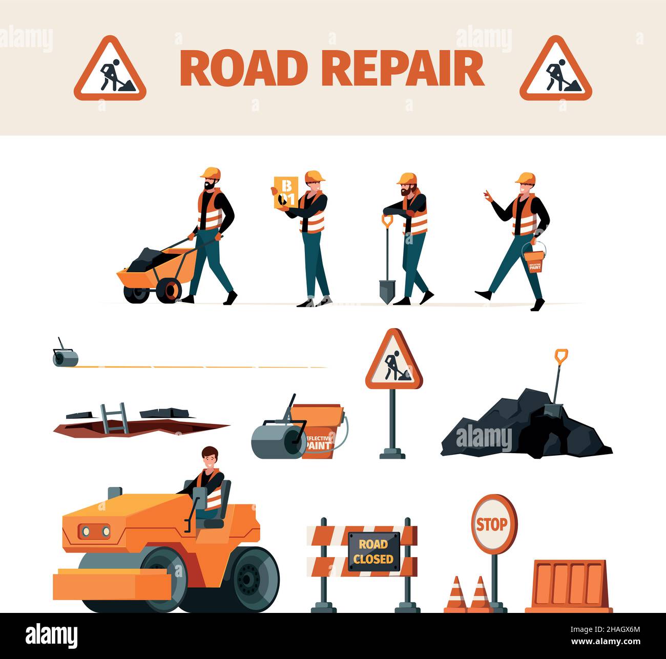 Straßenbauer. Wartungsmaschine und Support-Instrument Werkzeuge für die Reparatur Straße grellen Vektor-Bilder eingestellt Stock Vektor