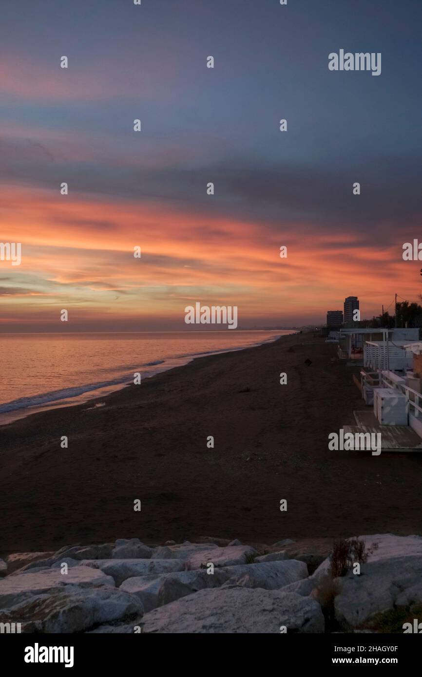 Meeresküste, Sonnenaufgang, Strand, Porto Potenza Picena, Marken, Italien, Europa Stockfoto