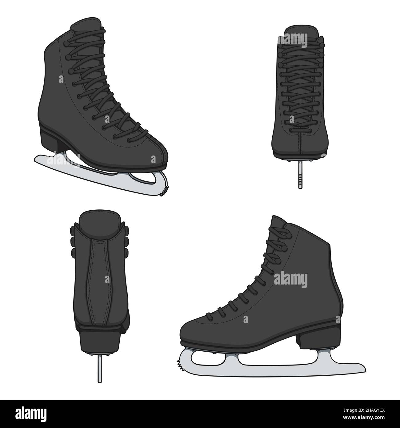 Set von Farbbildern mit schwarzen Schlittschuhen für Eiskunstlauf. Isolierte Vektorobjekte auf weißem Hintergrund. Stock Vektor
