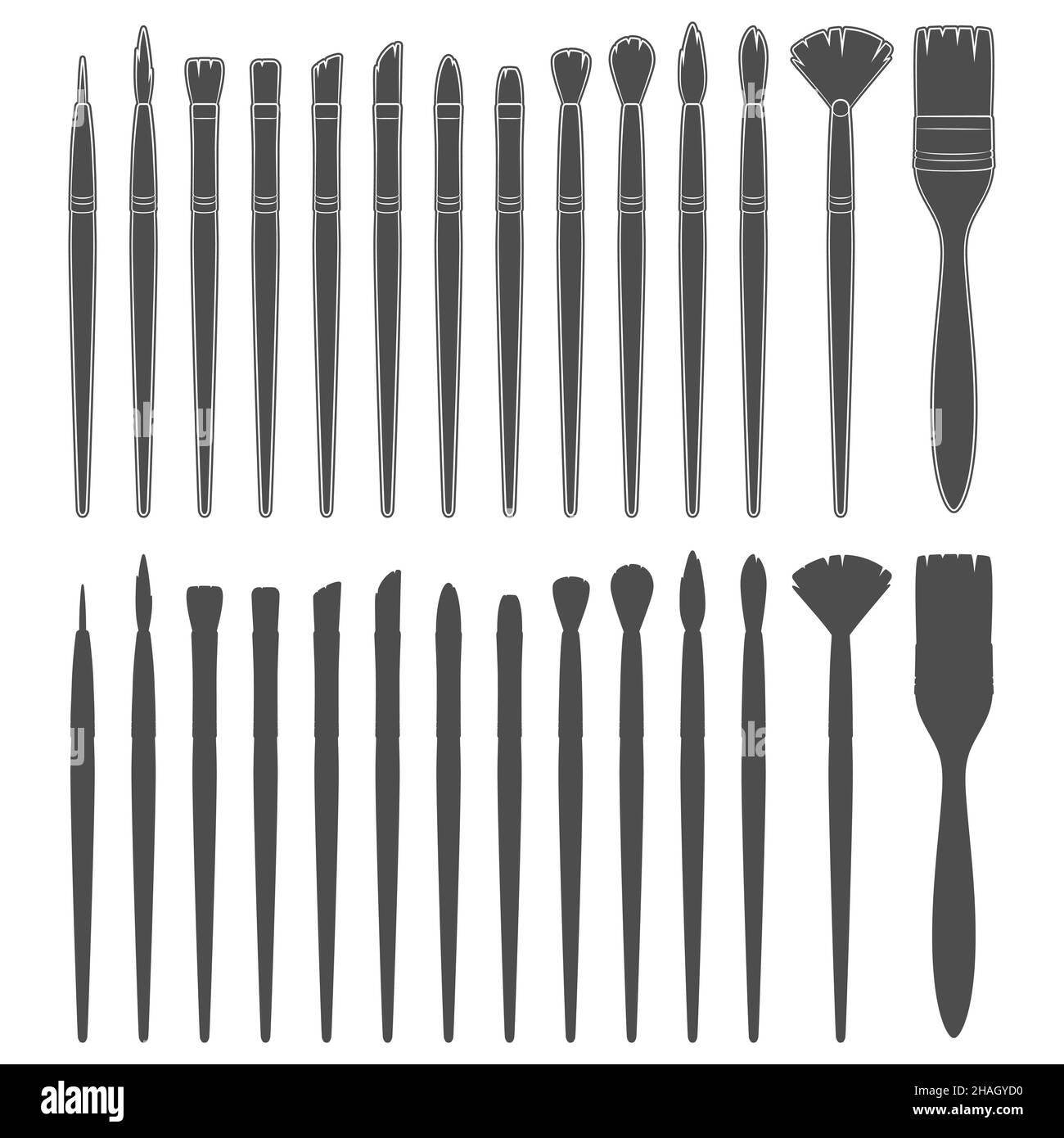 Set mit schwarzen und weißen Illustrationen mit Pinsel zum Malen. Isolierte Vektorobjekte auf weißem Hintergrund. Stock Vektor