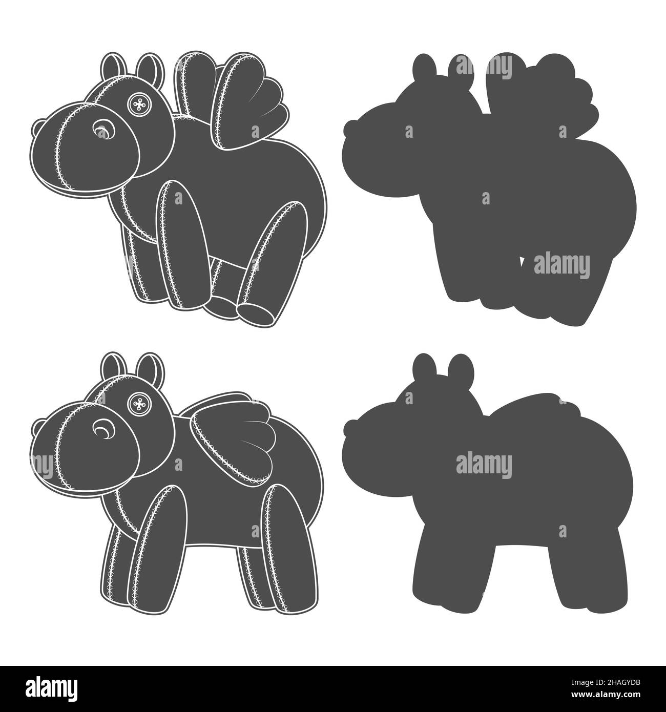 Set aus schwarzen und weißen Illustrationen, Silhouetten mit einem Spielzeug-Nilpferd mit Flügeln. Isolierte Vektorobjekte auf weißem Hintergrund. Stock Vektor