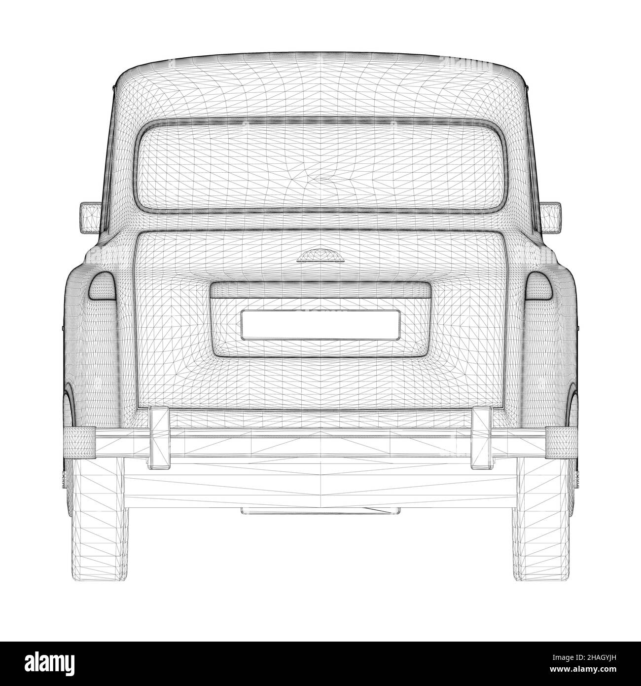 Drahtmodell eines Retro-Autos aus schwarzen Linien isoliert auf weißem Hintergrund. Rückansicht. 3D. Vektorgrafik. Stock Vektor