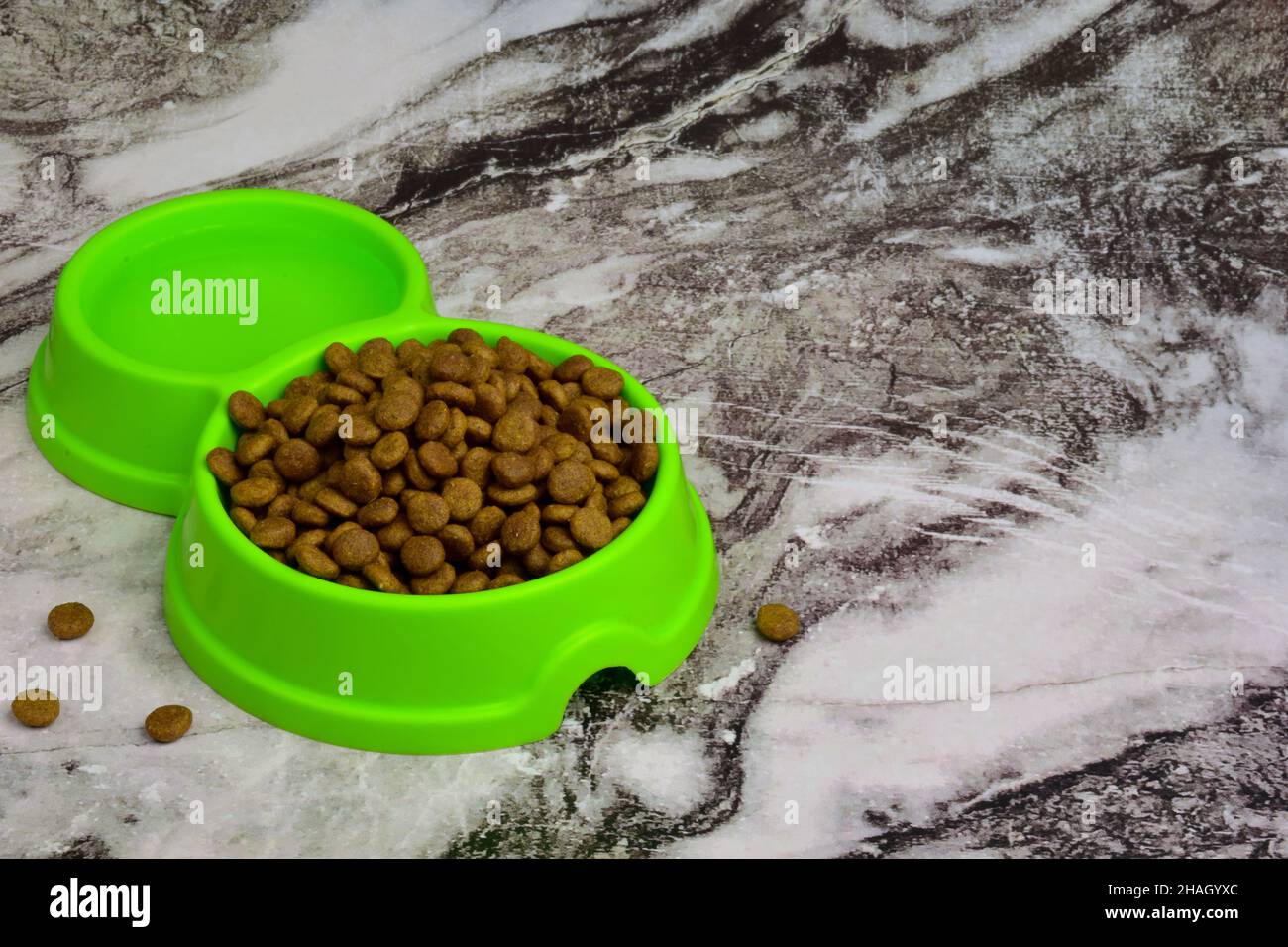 Vor einem Hintergrund aus grauen Holzbrettern liegt eine grüne Kunststoffplatte, gefüllt mit Trockenfutter, um Katzen oder Hunde zu füttern. Es gibt einen Platz auf der rechten Seite Stockfoto