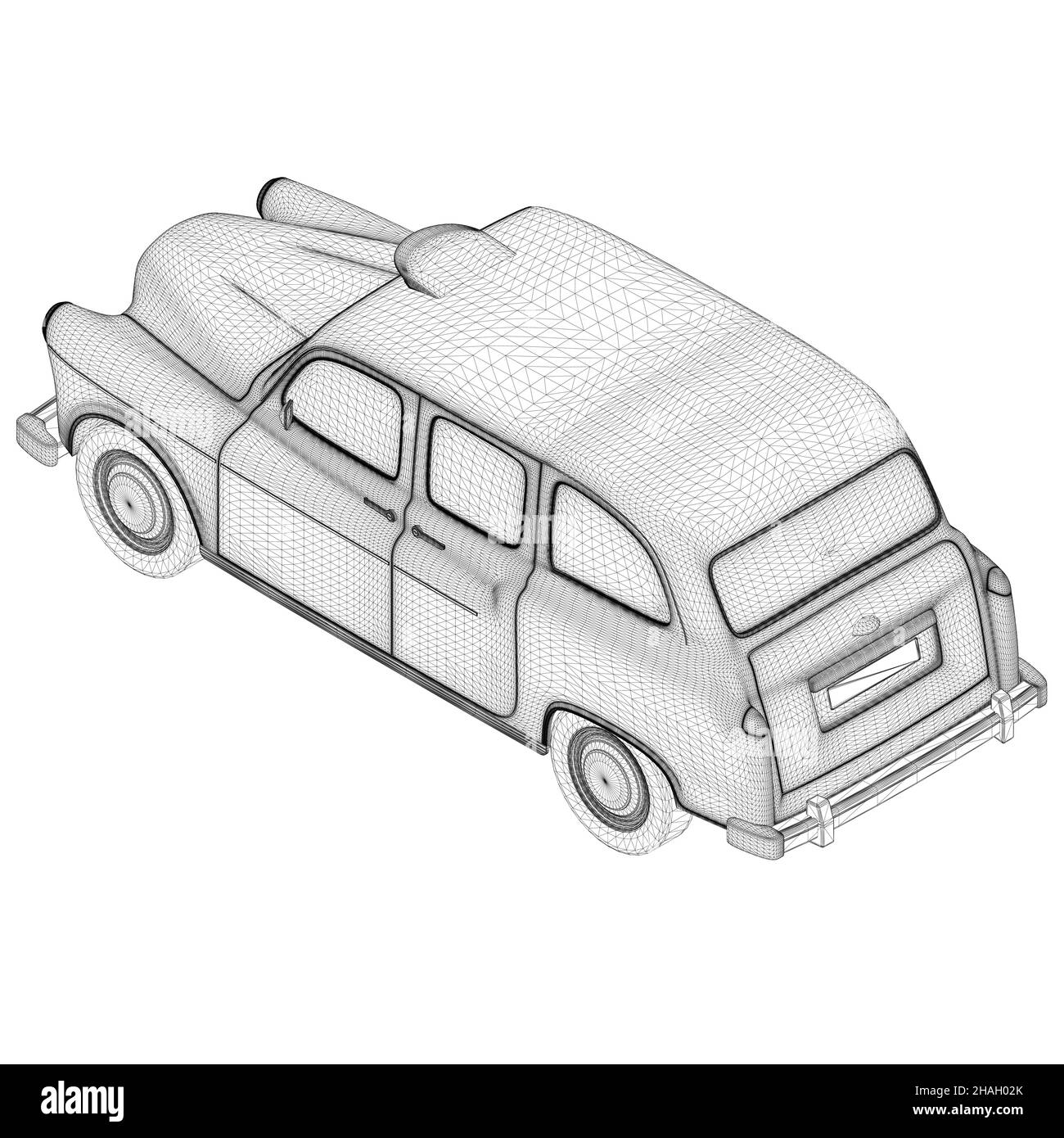 Drahtmodell eines Retro-Autos aus schwarzen Linien isoliert auf weißem Hintergrund. Isometrische Ansicht. 3D. Vektorgrafik. Stock Vektor