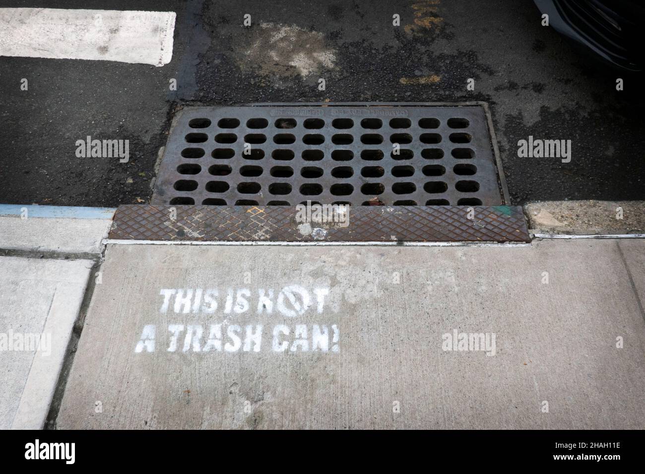 Auf dem Bürgersteig ist ein Schild mit Schablonenbemalung, auf dem die Leute darauf hingewiesen werden, keinen Müll in die Kanalisation zu werfen. In Queens, New York City. Stockfoto