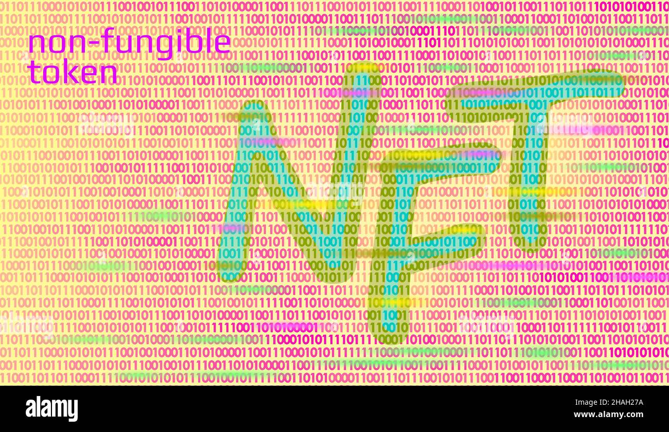 3D NFT nicht fungible eindeutige Kryptowährung. Blockchain Art Krypto-Sicherheitscode.Daten gespeichertes digitales Fotoobjekt Zertifikat Eigentum.Technologie Stock Vektor