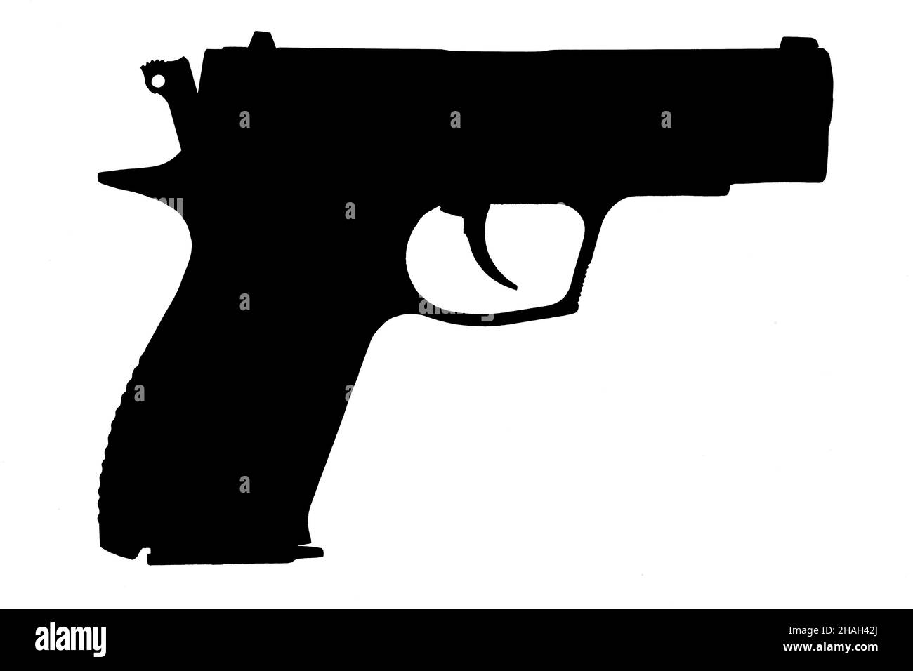 Illustriertes Bild einer schwarzen Kampfpistole auf einem isolierten weißen Hintergrund. Seitenansicht Nahaufnahme Stockfoto