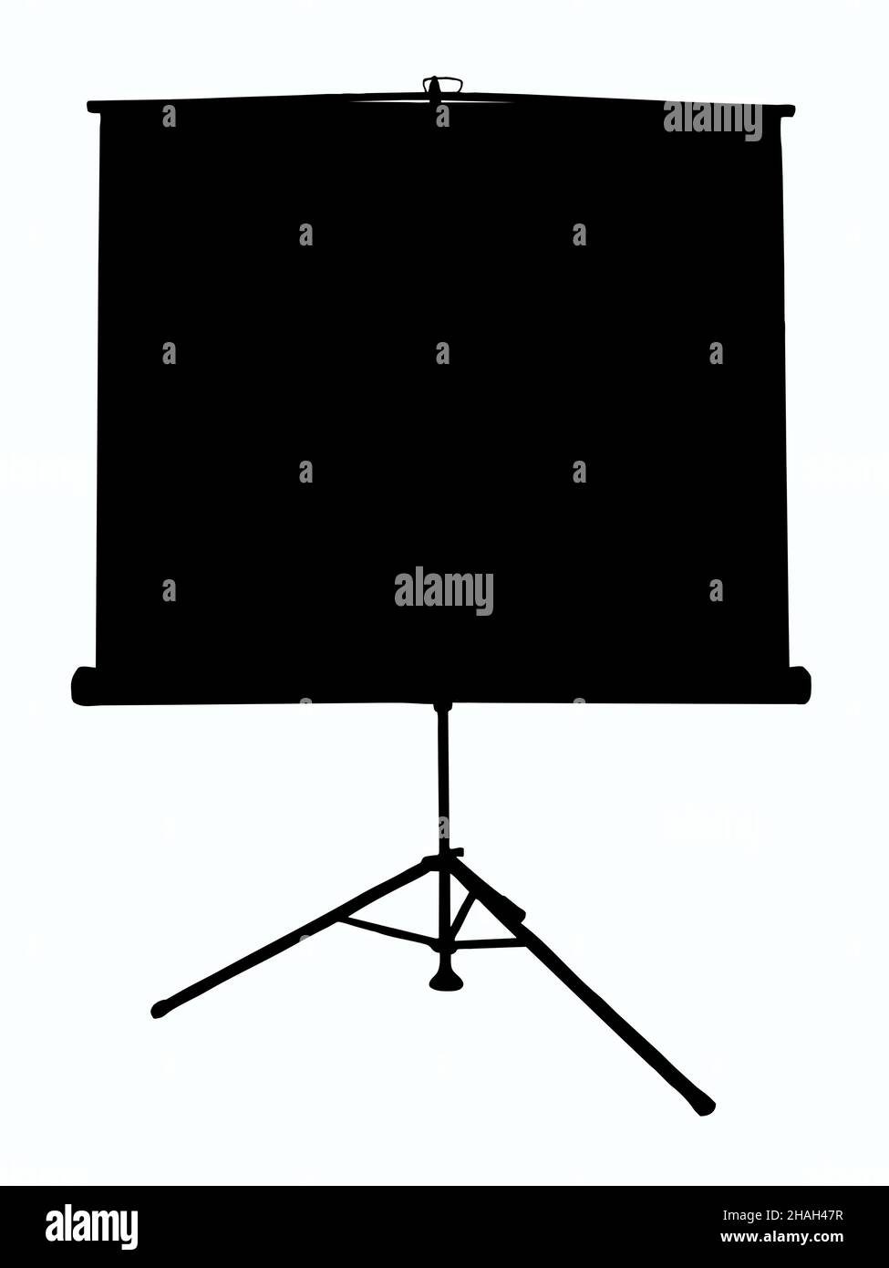 Skizzieren Sie eine Projektionsleinwand auf einem Stativ auf einem isolierten weißen Hintergrund. Es gibt einen Platz für eine Inschrift Stockfoto