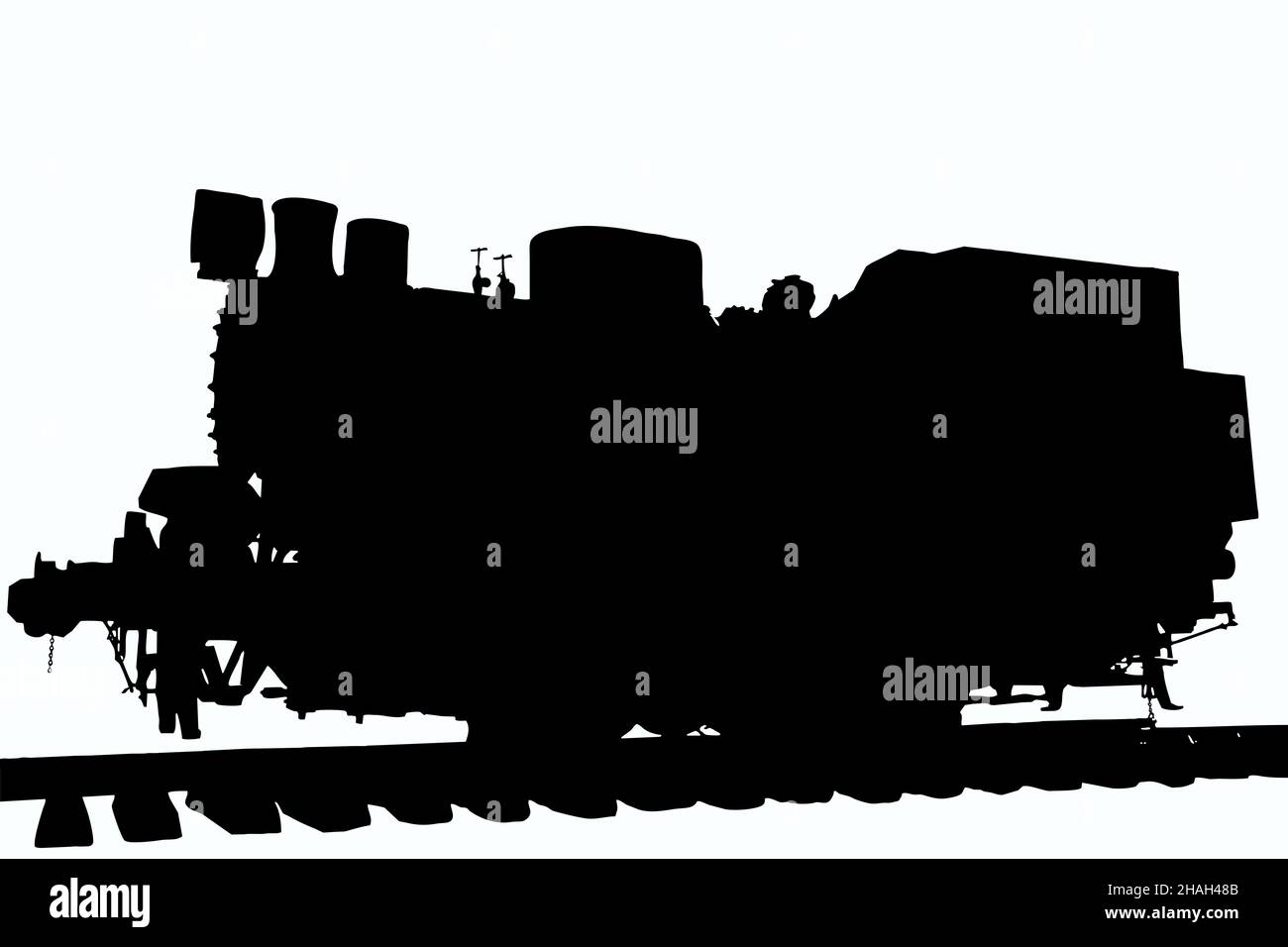 Eine Illustration einer alten Dampflokomotive ohne Waggons im Detail steht auf den Schienen auf einem weißen Clipping-Hintergrund. Seitenansicht Stockfoto